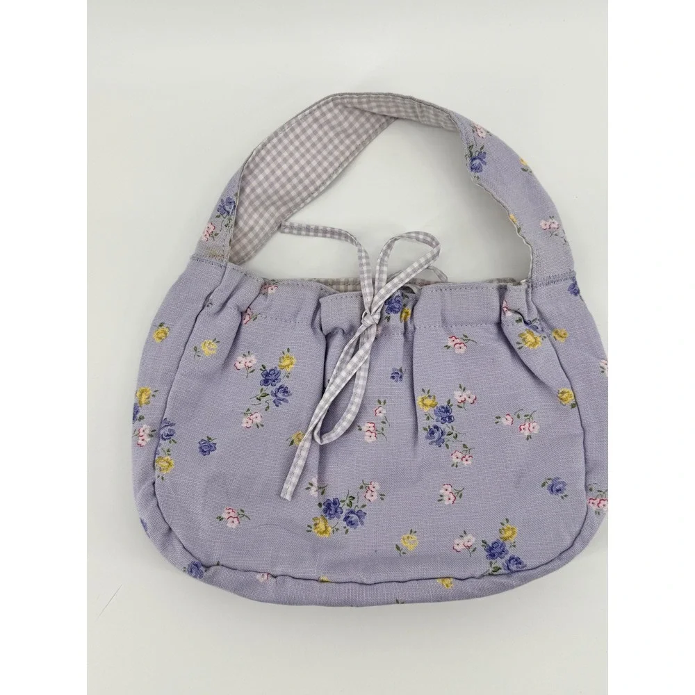 Gap Kids Lavender Floral Linen Handbag Gingham Lining Purple Ditsy Print Purse